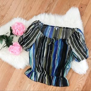 Speckless sheer black green blue striped blouse